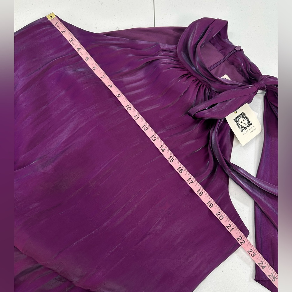 Anne Klein Iridescent Tiered Shift Dress Bow Tie Neck Party Cocktail Purple Bloo - Picture 7 of 15